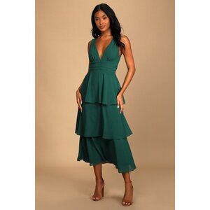 Lulus Celebration Time Emerald Green Sleeveless Tiered Midi Dress - Size L